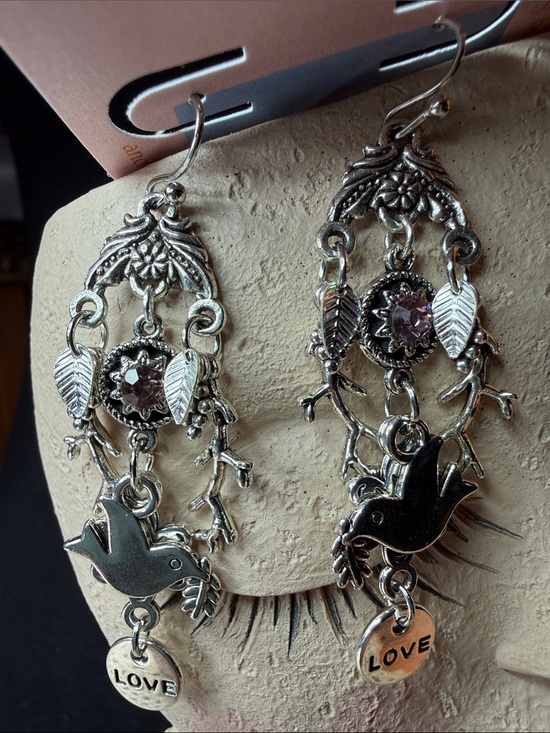 Jewelry - Silver-Tone Dove & Leaf Drop Earrings with Pink Crystal - Love Charm